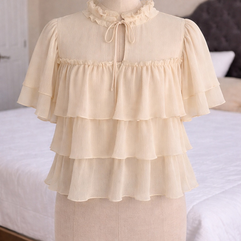 Zara Cream Tiered Ruffle Tie-Neck Blouse